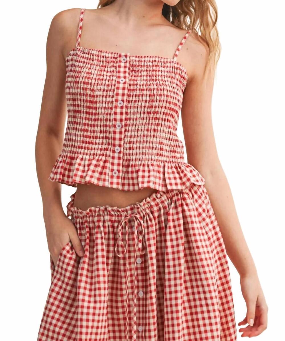 NEW GOLDEN minka gingham button front smocking top in red